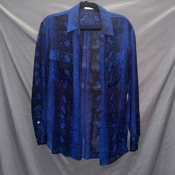 Equipment Tops - Blue silk snake print button-down blouse